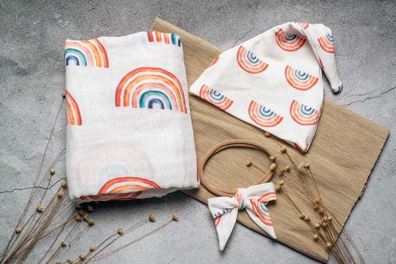 Miaoberry Organic Muslin Baby Swaddle Blanket and Hat Set Newborn Unisex Neutral Boy Girl| Boho Rainbow |Photo Props Birth Announcement Card - Image 2